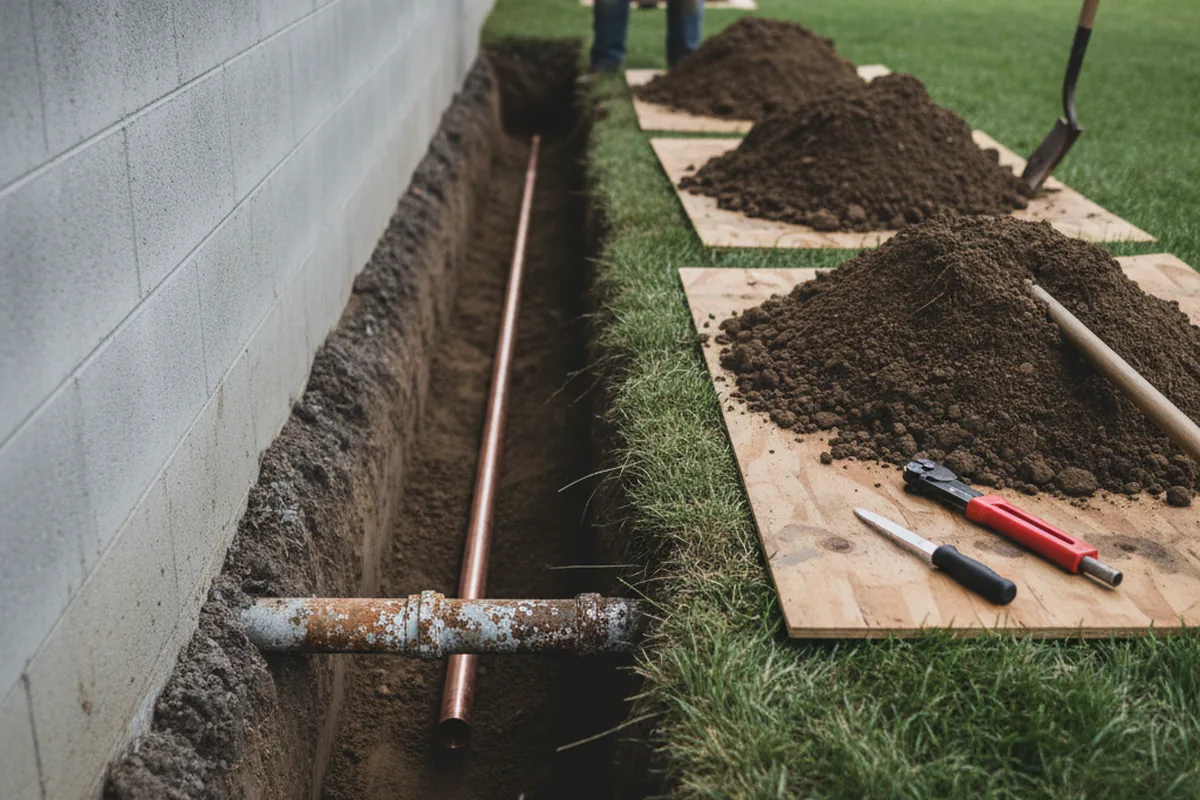 Excavated water line trench during Water Softener Installation in Woodward
